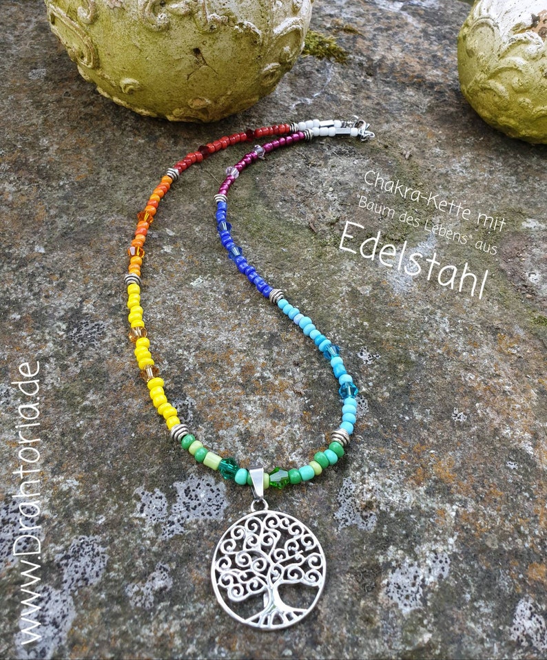 Chakra Necklace Tree of Life Glass Stainless Steel Reiki Meditation Yoga by the jewelry label DRAHTORIA image 4
