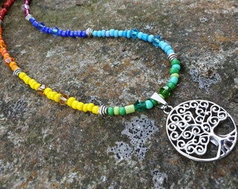 Chakra Necklace "Tree of Life" Glass Stainless Steel Reiki Meditation Yoga by the jewelry label DRAHTORIA