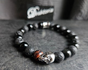 Bracelet with silver-plated skull, tiger's eye and rhinestones from the jewelry label DRAHTORIA