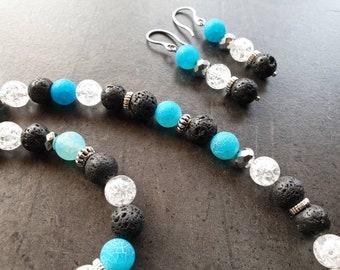 DRAHTORIA Set Necklace + Earrings + Bracelet Gemstones Agate Crash + Lava + Crackle Beads + Silver Stainless Steel Elements