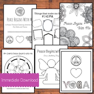 Könnte beinhalten: Ein druckbares Malbuch zum Thema Frieden. Der Umschlag zeigt eine Schwarzweißillustration eines Friedenssymbols, eines Herzens und eines Elefanten. Der Titel des Buches lautet "Peace Begins With Me".