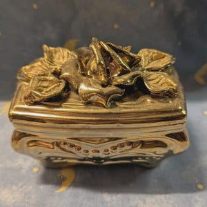 Art Nouveau Jewelry Casket Gold Roses Trinket Box Vanity Tray Accessory