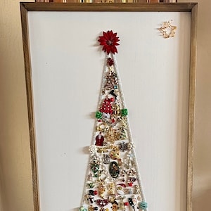 Extra Large Bling Vintage Jewelry Christmas Tree Framed Wall Hanging or Easel Setting Farmhouse Decoration 12.5”x47.5”x.1.5”