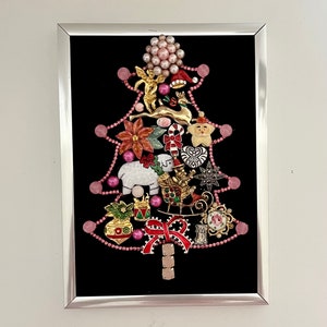 Jeweled Christmas Tree Collage, decorated with Vintage Christmas and Costume Jewelry. Ready to hang. 7”x5”x.50” New Silver Frame