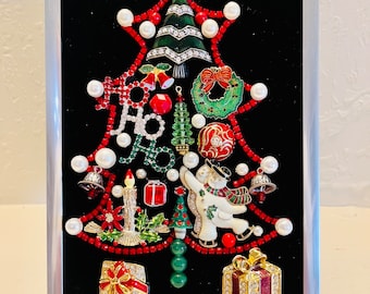 Vintage sieraden kerstboomcollage in zilveren lijst (7 x 5 inch)