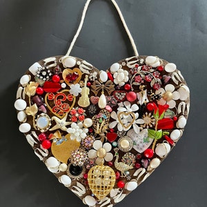 Farmhouse Decor Wood Hanging Heart Mosaic with Multiple Vintage Jewelry Pins, Earrings, Necklace.  Bring back memories from the past.