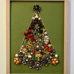 Unique Framed Jewelry Christmas Tree, Holiday Decor, Vintage Jewelry, 10”x12.5”.75” Natural Wood Frame. Ready to hang or display on an easel