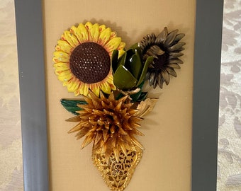 Gift for her! Beautiful bouquet of vintage sunflower jewelry flowers!  Wonderful gift! 4”x6”x.50” grey frame.