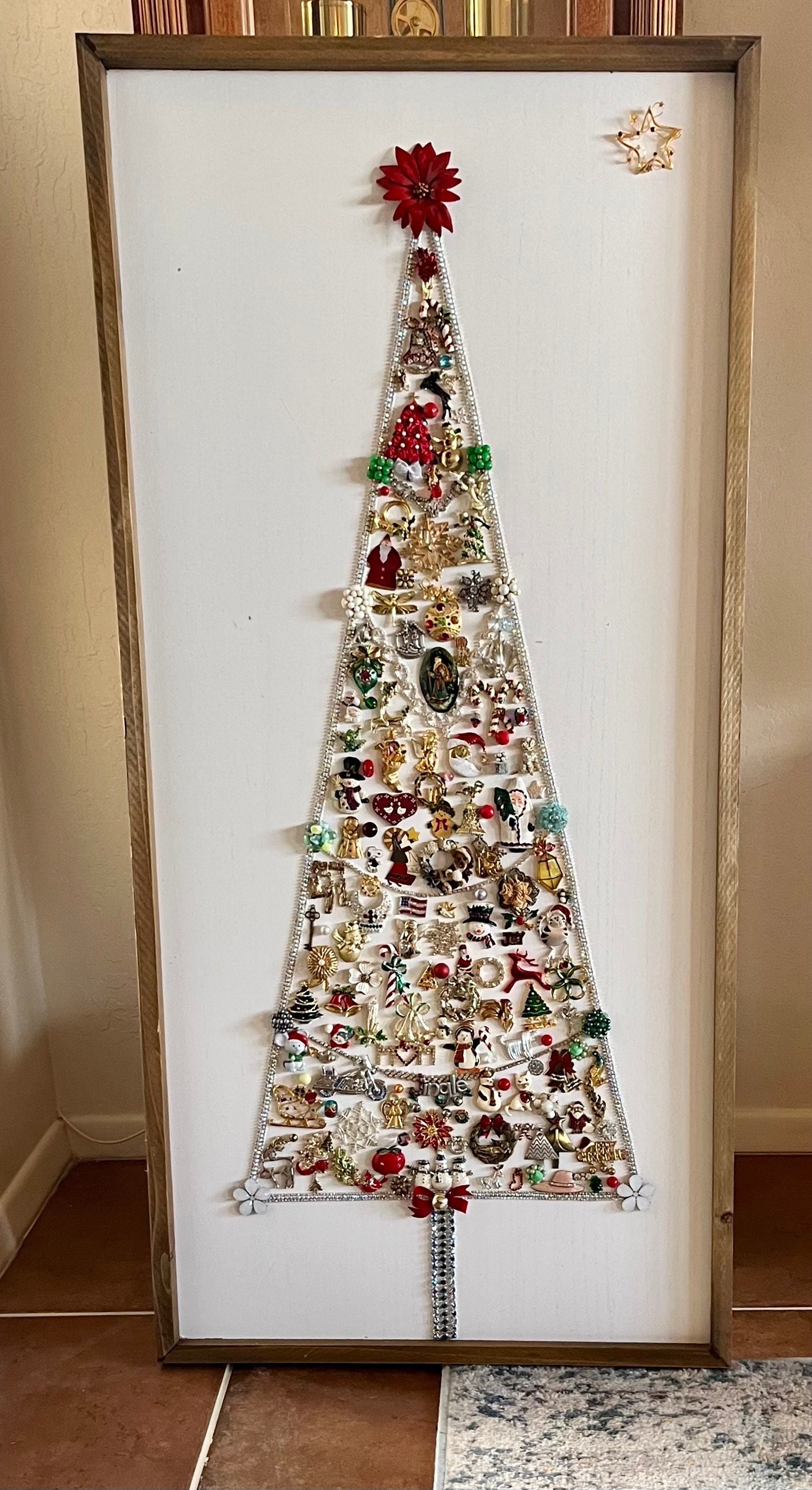 Extra Large Bling Vintage Jewelry Christmas Tree Framed Wall Hanging or Easel Setting Farmhouse Decoration 12.5”x47.5”x.1.5”