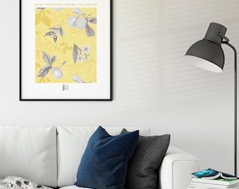 Lámina artística de limón mediterráneo: decoración de pared con cítricos botánicos dibujados a mano