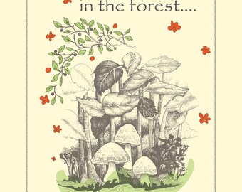 Lámina artística de hongos: Ilustración de bosque caprichoso, decoración infantil