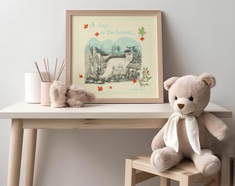 Ilustración de cuento de zorro nostálgico: Arte mural para habitación infantil
