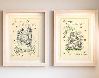 Juego de 2 láminas decorativas de estilo vintage con temática de bosque para la habitación infantil - Decoración infantil estilo cuento de hadas