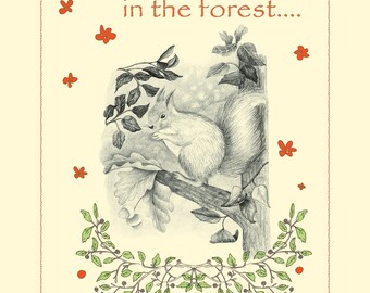 Lámina decorativa infantil con animales del bosque e ilustración de una ardilla de cuento.
