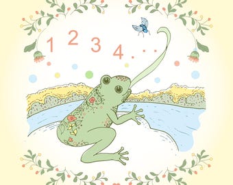 Lámina decorativa infantil para aprender a contar (1, 2, 3), con una divertida ilustración de un estanque de ranas.