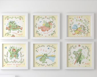Láminas decorativas de Froggy Friends, juego de 6, para la habitación del bebé.