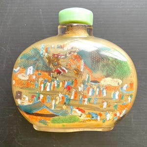 Antique Chinese Reverse Inside Painted Snuff Bottle Qing Dynasty Era Hand Painted Village Scene Glass Jadeite Stopper 6x5”