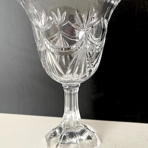 Vintage Glass Chalice Goblet 9x5” Etched Glass Thumbprint Base Excellent Condition