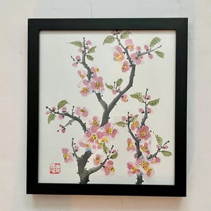 Signed Original Japanese Cherry Blossoms Watercolor Painting on Canvas Framed