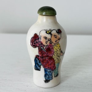 Old Chinese Porcelain Snuff Bottle With Overglaze Enamel Boy Figures SIGNED