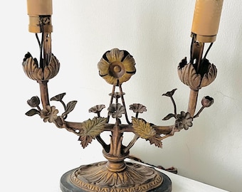 Antique 2 Light Bouillotte Lamp French Style Gilt Floral Cast Metal Needs Rewire