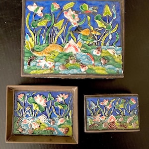 Antique Chinese Enamel Cloisonné Trinket Set Jewelry Box Ashtray Matchbox