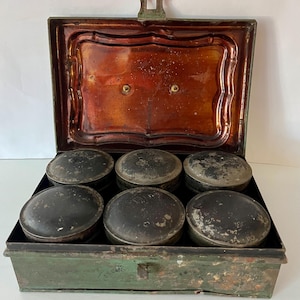 Antique 1800s MILITARY Traveling Spice Tins Canister Set Painted Green In Box