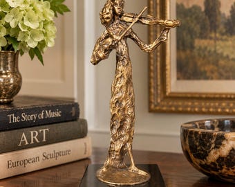 Vintage Brutalist Bronze Violinist Sculpture: Signed Korean Modernist Art