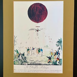 Vintage French HOT AIR BALLOON Color Lithograph "Le Degen Politique" Cartoon Satire