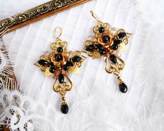 Gold cross earrings, Black long filigree earrings, Large cross earrings, Black crystals earrings, Gold rhinestones jewelry