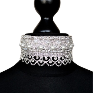 Silver embroidered Necklace rhinestones choker pearls Neck Luxury Wedding Bride accessory wide Glamour White necklace Bridal jewelry set