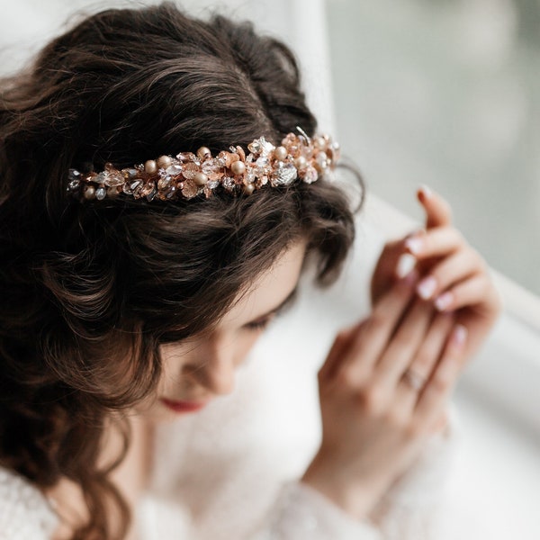 Rose gold wedding headband, Blush crystals tiara, Prom princess light pink accessories, Kids pitch tiara, Silver rhinestones crown