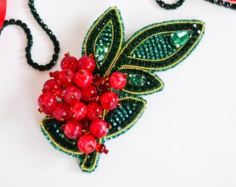 Ukraine viburnum pin, Red berries brooch, Patriotic gift, Vegan original eco gift, Ukrainian designer beaded brooch, Green Leaves Pin