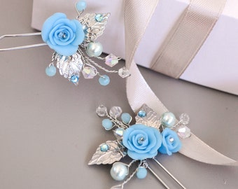 Blue roses wedding pins, Something blue for bride hair pins, Silver bridal headpieces, Wedding hair pins set, Sparkle wedding headpiece