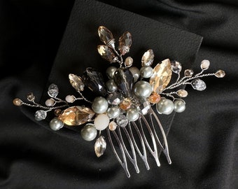 Wedding headpiece vine with grey pearls and crystals for bride, Boho Style Headpiece, Champagne headpiece