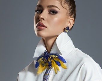 Beaded bird brooch, Ukraine symbol embroidered pin, Patriotic flag colours brooch, Ukrainian handmade jewelry, Feathers blue yellow brooch