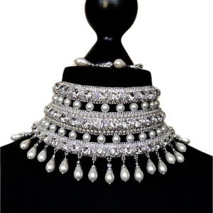 Wedding Silver embroidered Necklace rhinestones choker pearls Neck Luxury Bride accessory wide Glamour White necklace Bridal jewelry set