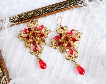 Gold cross earrings, Large red crystals drop earrings, Rhinestone Cross Jewelry, Long Cross Earrings, Baroque party jewelry