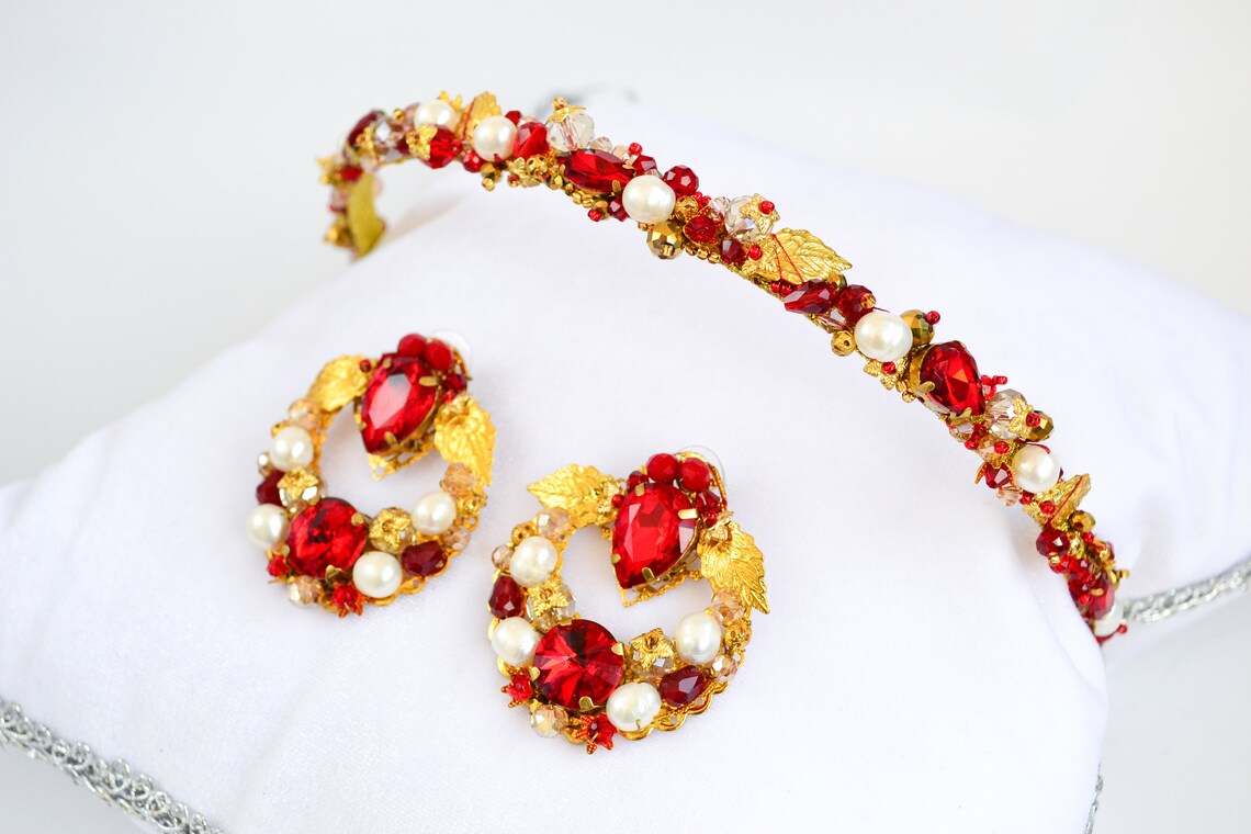 Red Gold Jewelry Set, Natural Pearls Bridesmaid Headband, Round ...