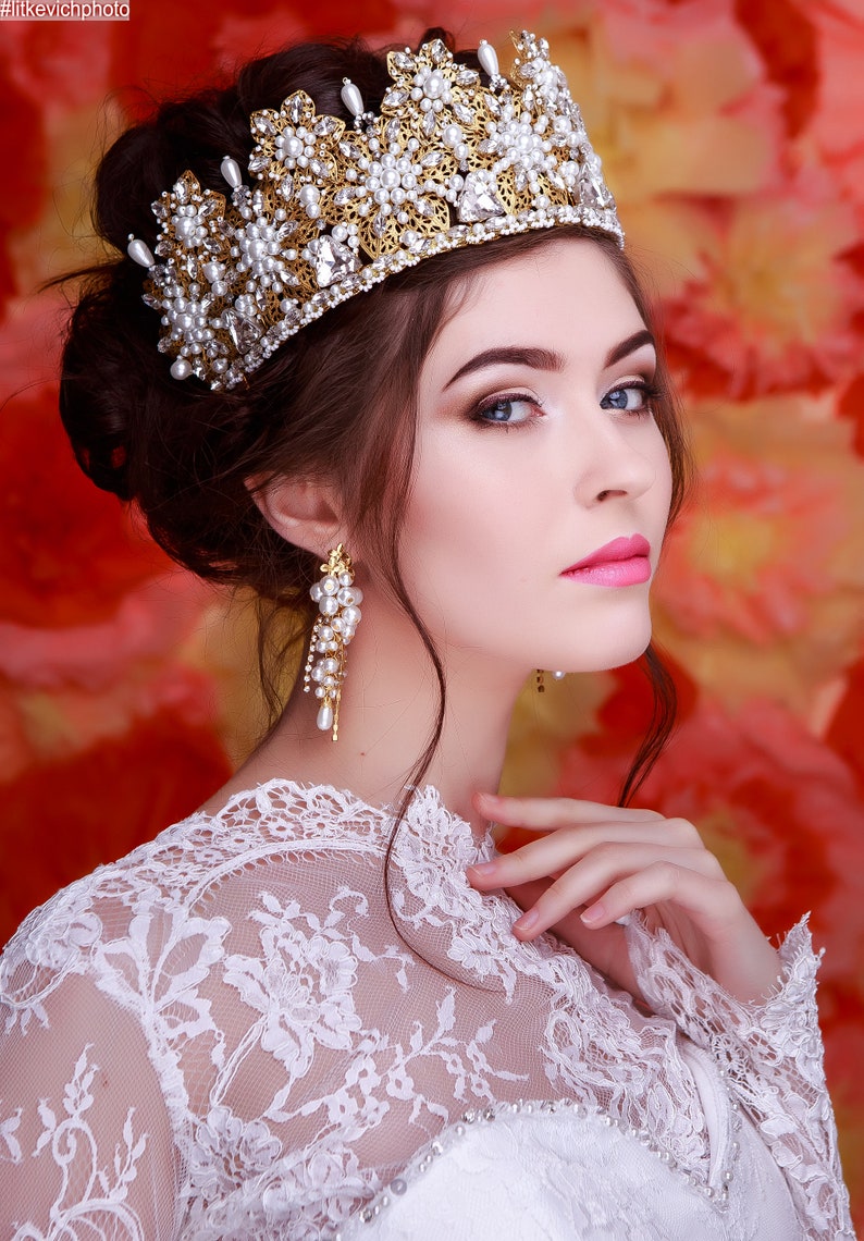 Wedding White Crown With Gold Flowers for Bride, Bridal Golden Tiara