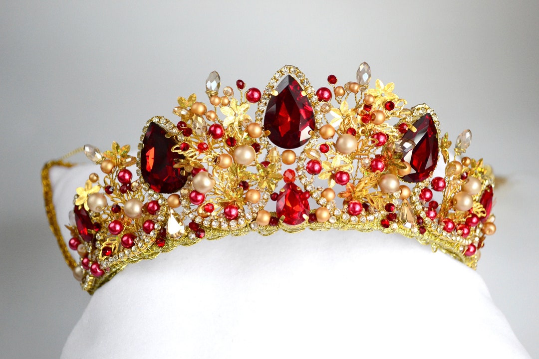 Gold Custom Princess Crown, Girl's Crown, Wedding Red Tiara, Floral