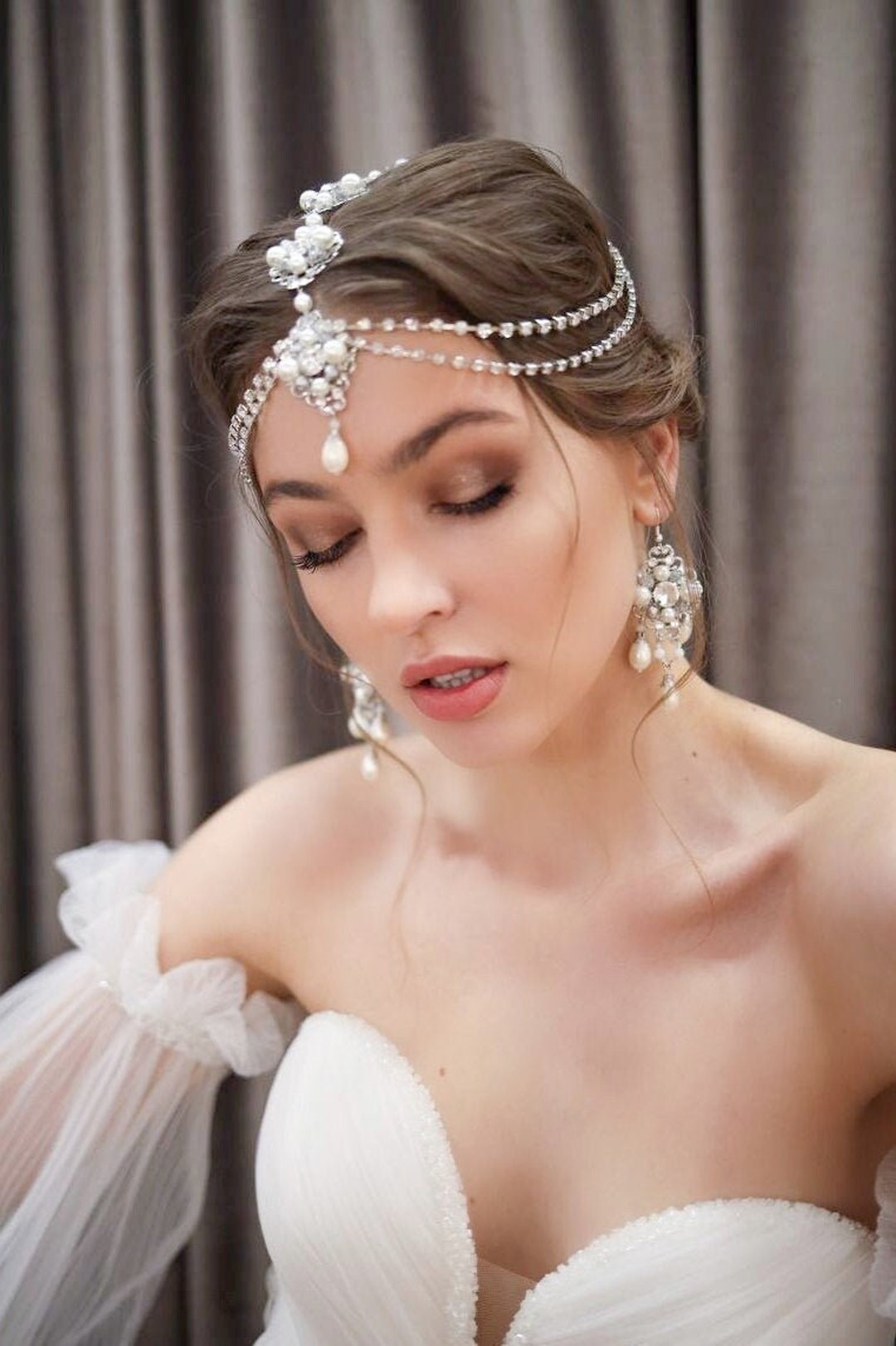 Wedding Silver Tikka Set, Ivory Pearls Indian Style Jewelry