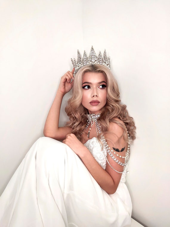 Ivory Pearls Wedding Crown, Bridal Silver Rhinestones Tiara 