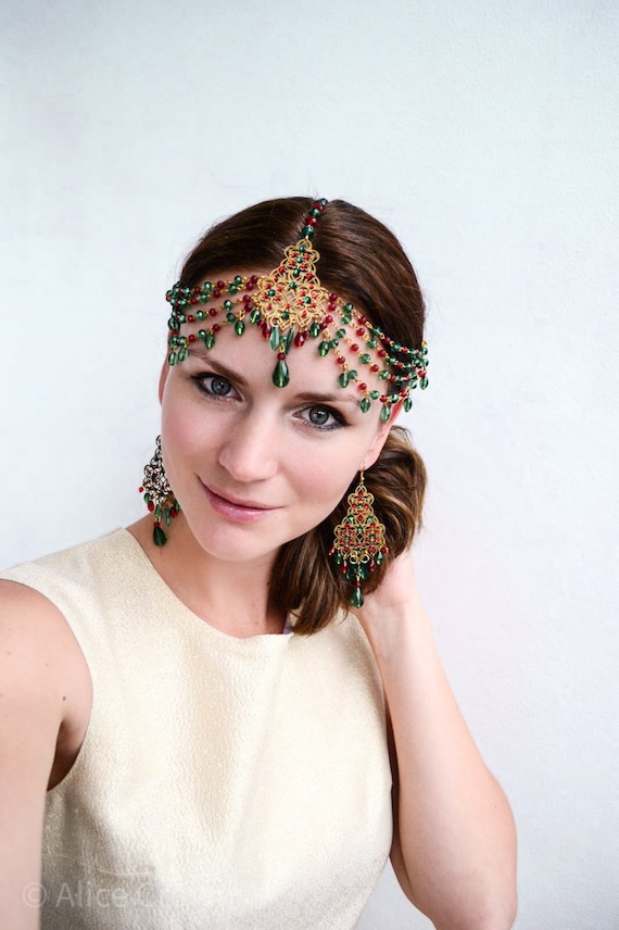 Wedding Tikka Set, Gold Maang Tikka Chain, Egyptian Bridal  display picture 1