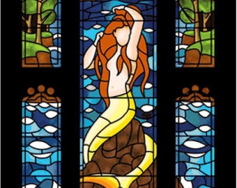Stained Glass Mermaid - Super Size Max Color SSMC (red hair) digital cross stitch pattern