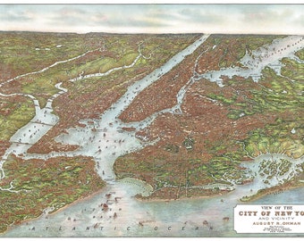 Bird's eye panoramic view art print of New York and New Jersey in 1907. Vintage New York. Digitally restored. High-end giclée. Wall decor.