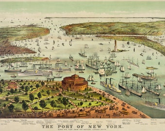 1892 New York Harbor Poster. Beautiful wall art high-end giclée of New York harbor. Digitally restored. Wall decor.