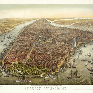 Bird&#39;s eye panoramic view art print of Manhattan in 1873. Vintage New York. Digitally restored. High-end giclée. Wall art decor.