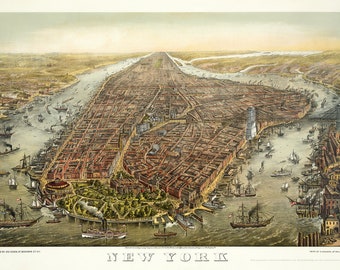 Bird's eye panoramic view art print of Manhattan in 1873. Vintage New York. Digitally restored. High-end giclée. Wall art decor.