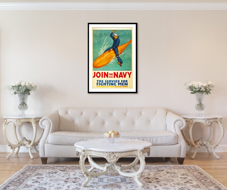 Join the Navy. Classical vintage poster of WWI era. Beautiful wall art high-end giclée. Digitally custom restored. Wall decor. image 4